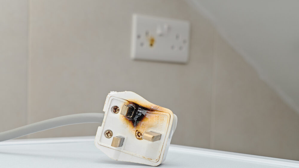 A white electrical plug with burn marks and visible damage lies on a surface, with a wall socket in the background.