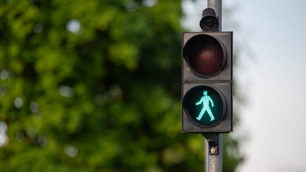 Green crossing sign on a traffic light.